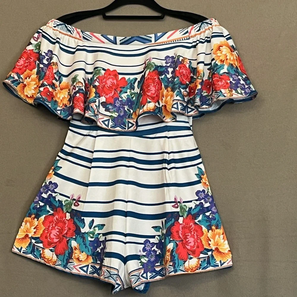 Flying Tomato Floral Romper Shorts‎ 1 piece Off Shoulder Striped Summer Outfit S
